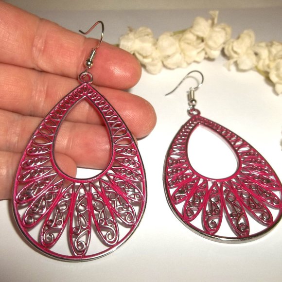 Fushia Pink Earring Silver Teardrop Statement Fashion Accessory Big Dangle A912 - Picture 4 of 4